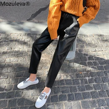 

Mozuleva Harlan PU Leather Pants Women's Autumn Winter 2020 New Style High Waist Loose Plus-sized Capri-Pants