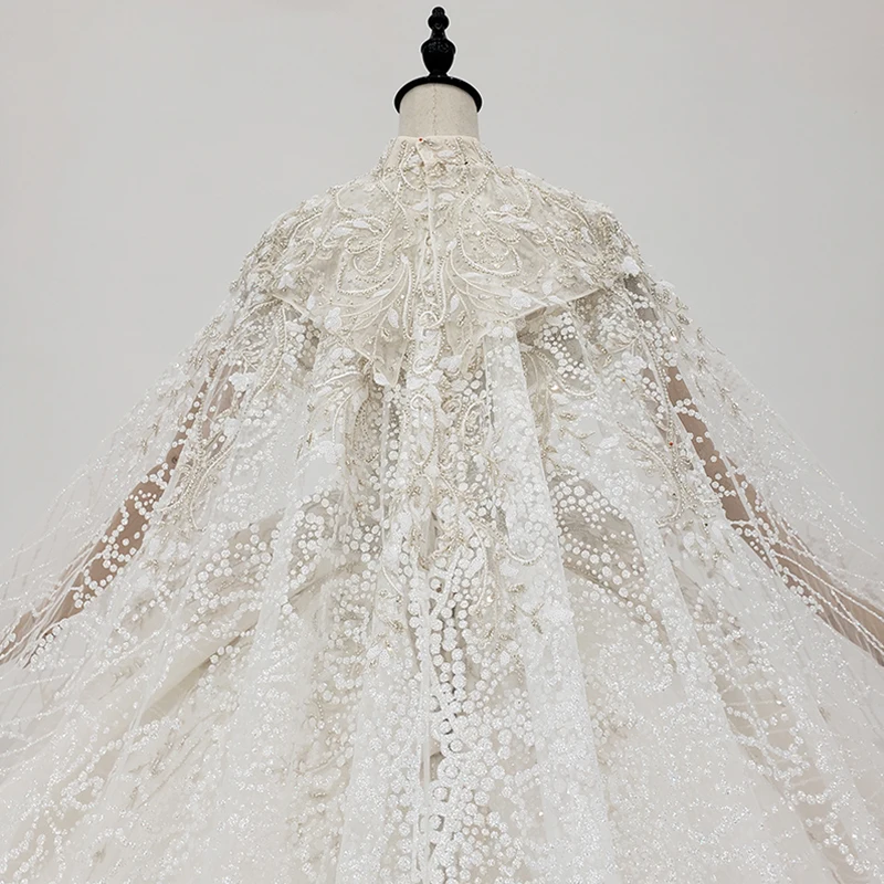 HTL1961 Elegant Shawl Yarn Sequin Crystal Pearls Wedding Dress 2020 V-Neck Short Sleeve Lace Up Back 6
