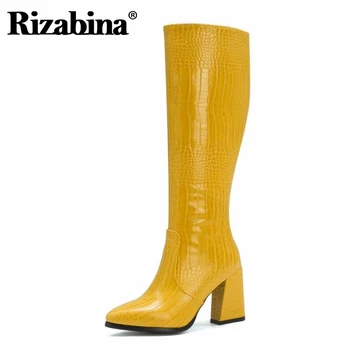 

Rizabina Women Knee High Boots Fashion Zipper Winter Shoes Woman Warm Long Boot Office Stone Patern Footwear Size 32-43