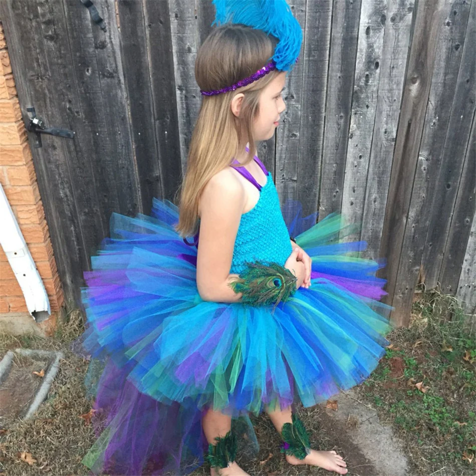 Peacock Girls Dress With Headband Long Trail Dresses Fluffy Robe Fille For Kids Photo Performance Costume Pageant Gowns Clothes0