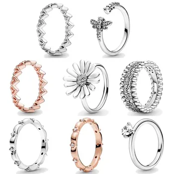 

Pave Daisy Flower Trio Dragonfly Freehand Hearts Beaded Ring With Crystal 925 Sterling Silver Ring For Women Europe Jewelry