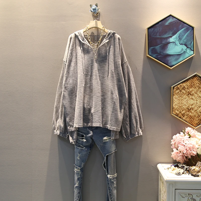 

[EWQ] 2019 Spring Autumn New Pattern Hooded Collar Long Sleeve Solid Patchwork Knitting Vintage Sweatshirt Femals AH19001