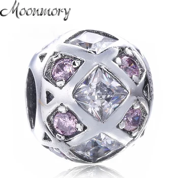

Moonmory Round Shape S925 Sterling Silver charm With Clear and Pink Zircon Accessary Fit Brand Bracelet DIY Round Silver Beads
