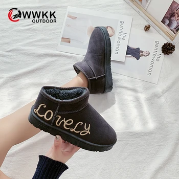 

WWKK 2019 Women Snow Boots Winter Fur Ankle Boot Female Bowtie Warmer Plush Suede Rubber Flat Height Increasing Slip On Fashion
