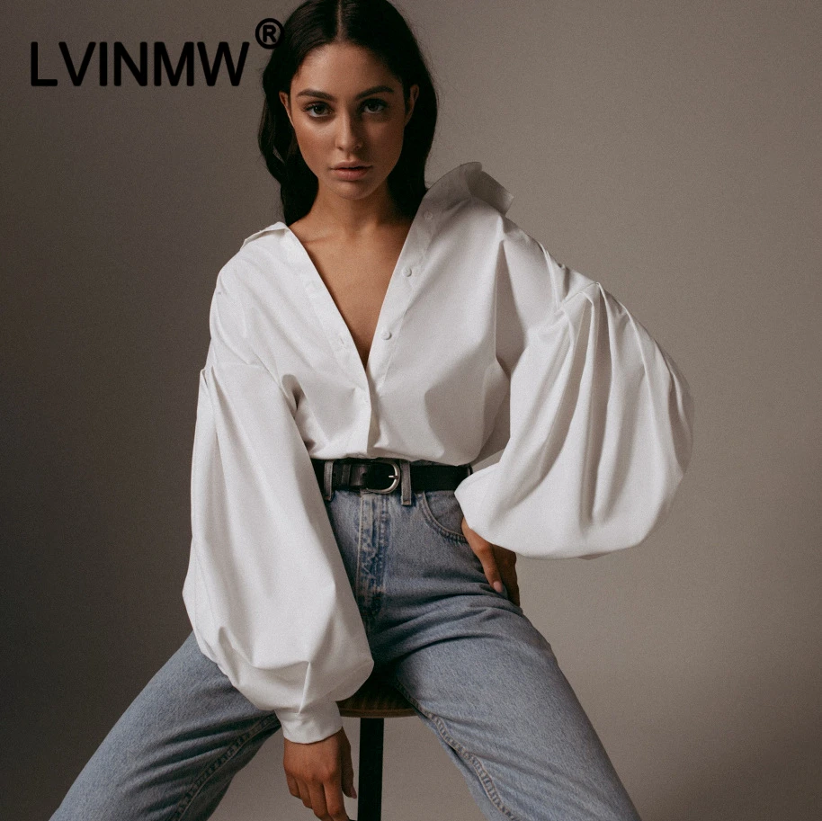 LVINMW, сексуальная Лоскутная Свободная блузка с v-образным вырезом, рукавом-фонариком, Осень-зима, Женская однотонная Модная тонкая рубашка, женская уличная одежда