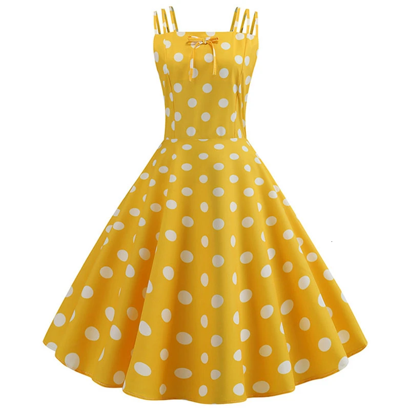 Yellow Polka Dot Print Summer Dress Women Swing Rockabilly Vintage Robe Femme Elegant Party Plus Size Casual Midi Vestidos | Женская