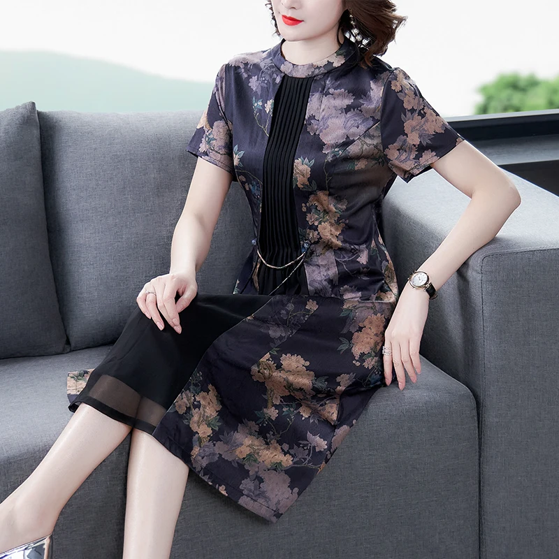 

2020 Free Shipping Spring Summer Wear High-end Atmosphere Middle-aged Old Mulberry Silk Printing Heavy Dress Long Skirt Mother