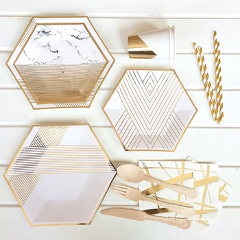 

Hotstamp Lines Hexagon Shape Disposable Tableware Set Including Paper Plates, Paper Cups, Paper Napkins, Paper Straws for Party