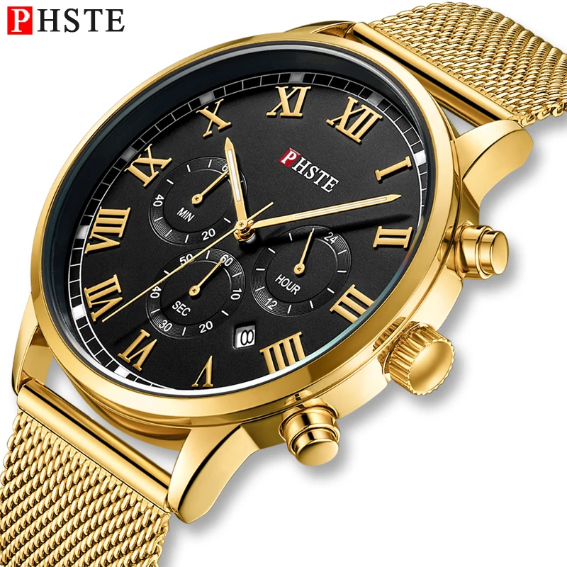 

PHSTE Mens Watch Chronograph Quartz Analog Luminous Date Clock Waterproof Brand Luxury Men Gold Steel Mesh Band Wrist Watch Male