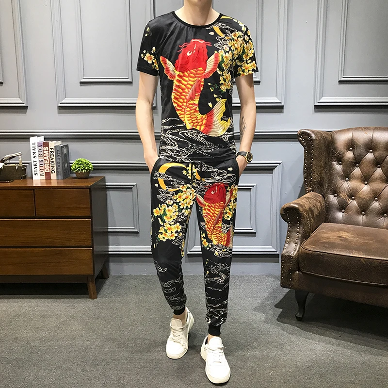 

2020 Summer Casual Suits Men's Sportswear Ice Silk Short Sleeve 2Pcs T-shirt +sweatpants Tracksuit Hip Hop Sets Men Clothes 5XL