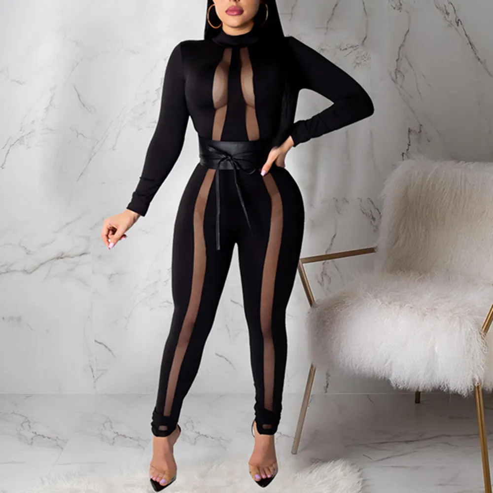 

HONZBORY 2019 New Summer Women Mesh Sexy Bodysuit Autumn Fashion Solid Color Stitching Mesh Jumpsuits