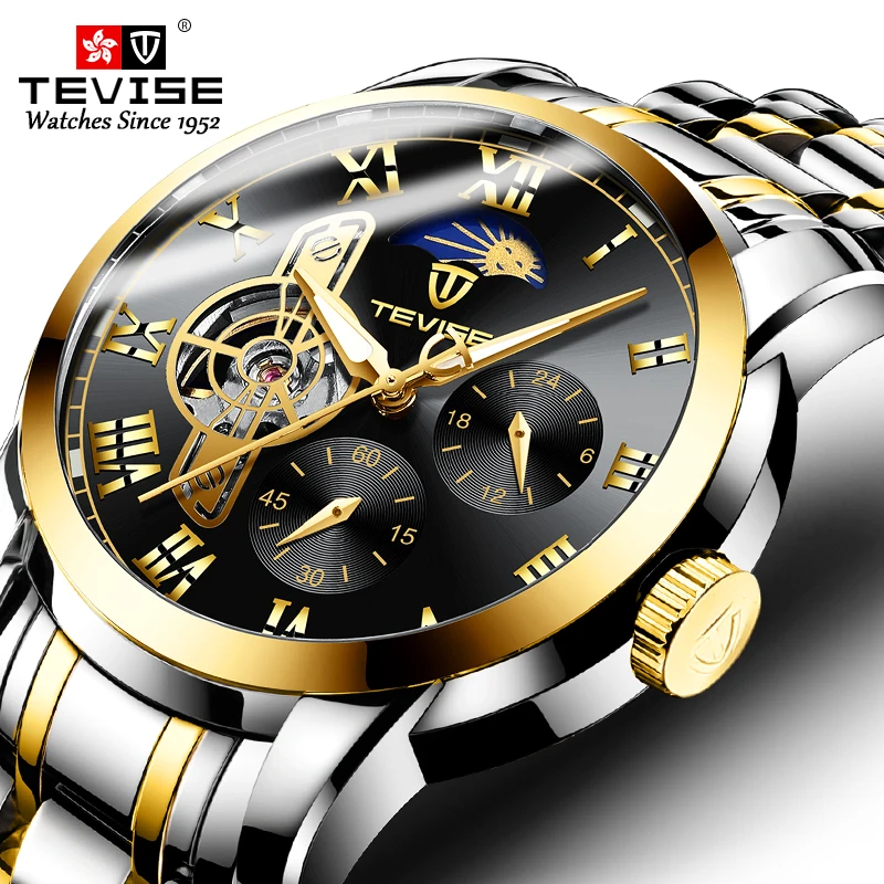 TEVISE Black Gold Watch Automatic Self-Wind Movement Waterproof Moon Phase Tourbillon Business Watches Relogios Masculino | Наручные часы