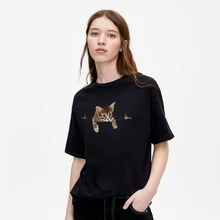 

100% Cotton Korean Fashion Streetwear Unisex Fashion Crewneck Tops Cute Kitten Print Women's Short Sleeve Tees Kpop Harajuku