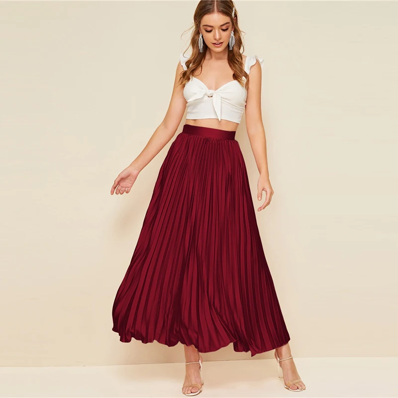Dotfashion элегантные Бордовые женские плиссированные юбки на молнии сбоку Осенние повседневные расклешенные юбки с высокой талией Женские однотонные макси юбки