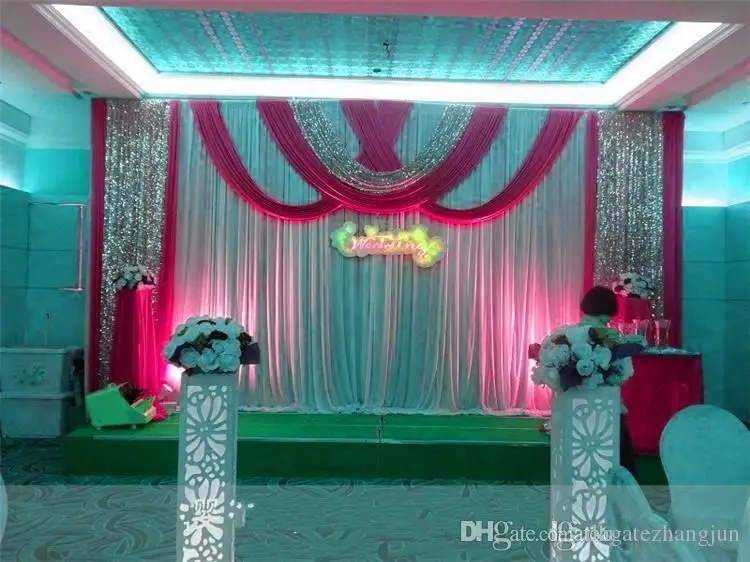 20ft*10ft Luxury ice silk Wedding Backdrop Stage Curtains with swags Silver Sequin Fabric Wedding Props Satin Drape curtain party decoration