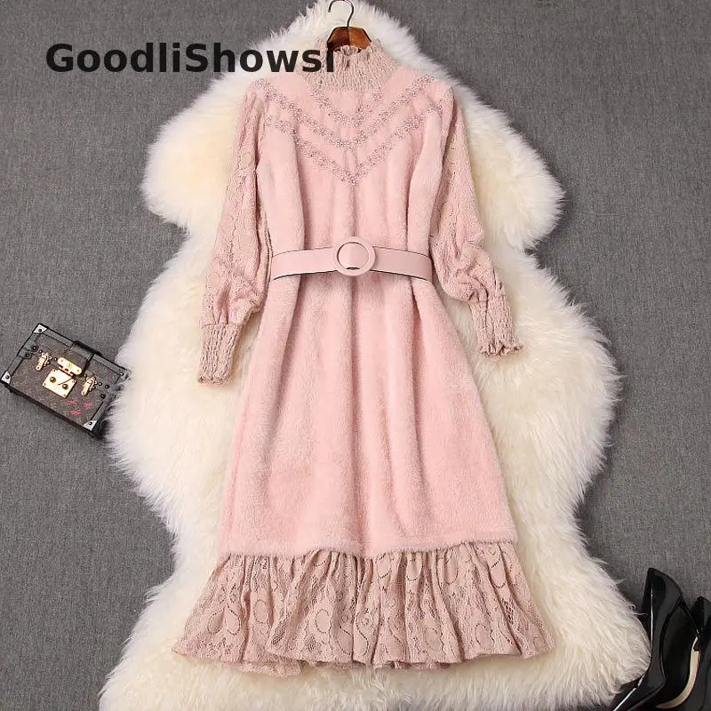 GoodliShowsi, Зимние Модные платья с искусственным мехом Куницы, одноцветные платья с воротником-стойкой, украшенные бисером и кружевными оборками, Hemline женское платье с поясом