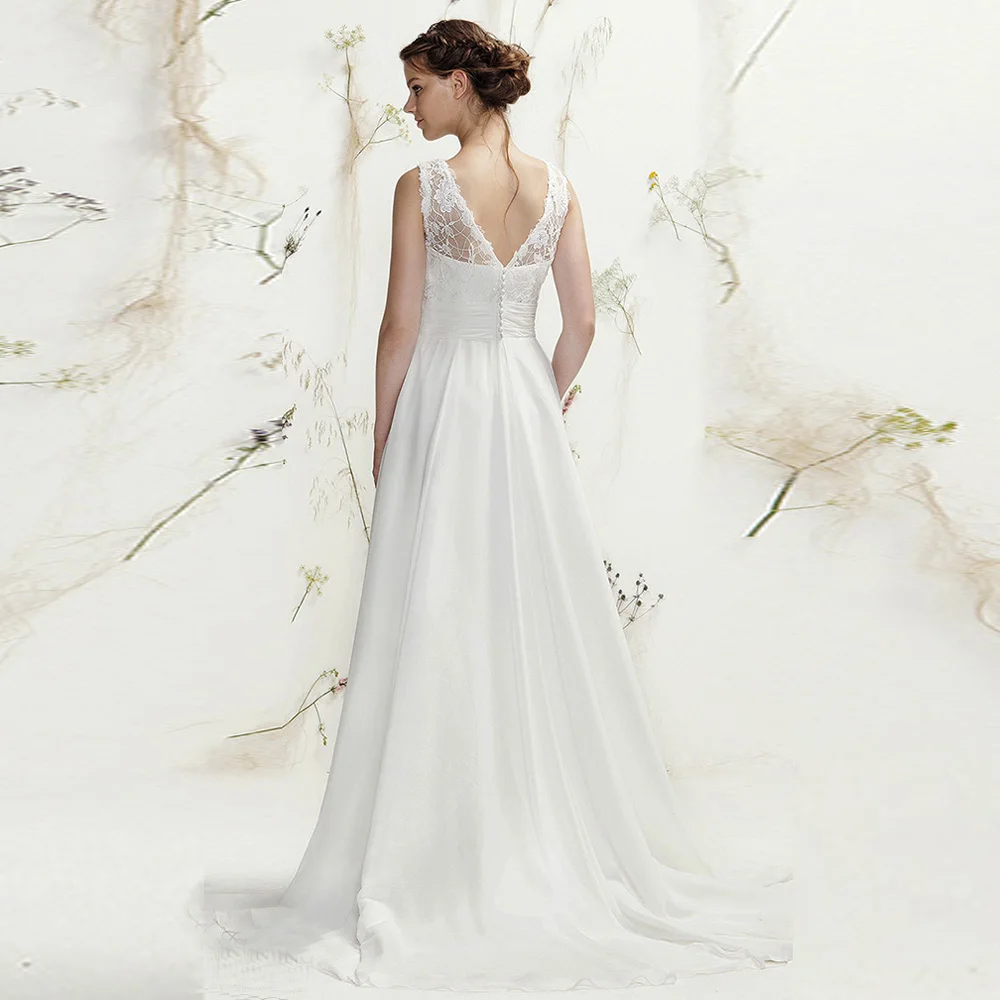 vestido de noiva White Chiffon Lace Neck V-back vestidos de noiva Beach Appliques Bridal Gowns Mother of the Bride Dresses