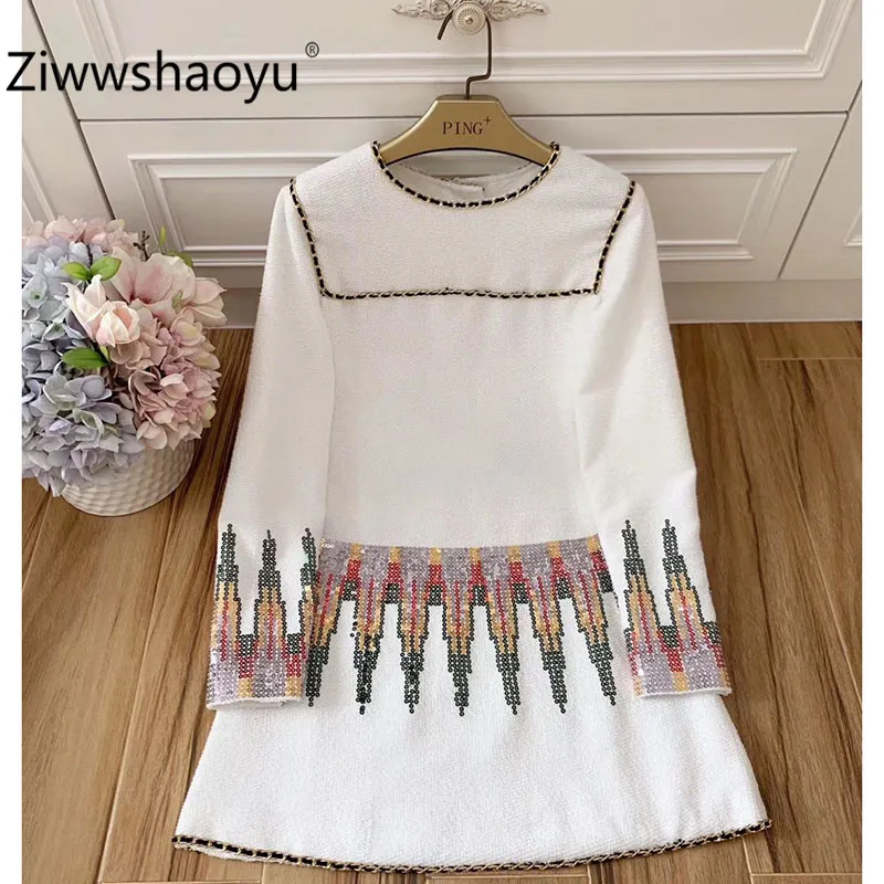 

Ziwwshaoyu Designer High End Autumn Winter Long Sleeve Sequin Embroidery Fashion Party Dresses Women's