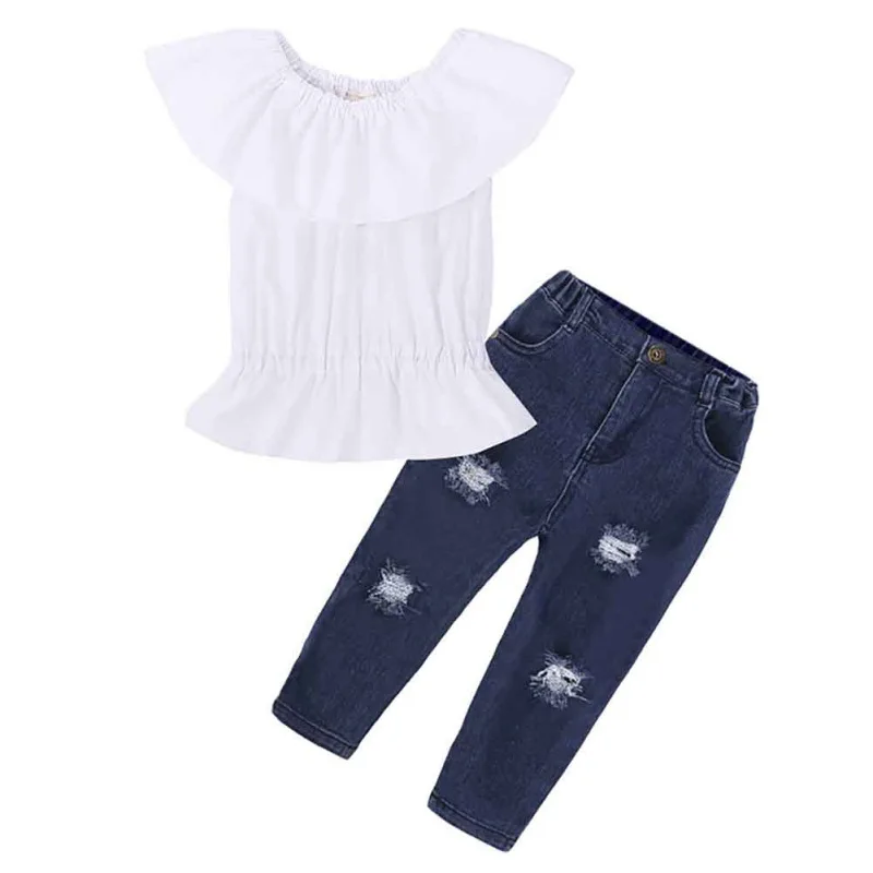 

Summer Casual Baby Girl Ruffle Off-shoulder Top And Ripped Jeans Kids Two-piece Outfit Set #p