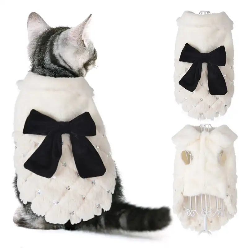 Vetements D Hiver Pour Animaux Domestiques Chat Elegant Manteau De Chaton Blanc Veste Avec Nœud Papillon Vetements De Luxe A Paillettes Pour Chats Chiens Sphynx Aliexpress