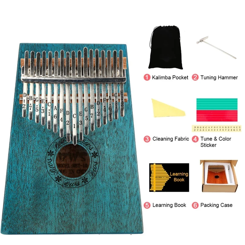Gradual Blue Kalimba Thumb Piano 17 Keys with Engraved Notes Crane Pattern Handhold Cute Finger Piano Koa Solid Wood Portable Musical Instrument with Music Book for Kids Adult Beginner 