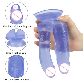 Double Penetration Dildo Sex Toys For Lesbian Couples Two Head Ended Penis Women Masturbator Soft Jelly Big Penis Strong Sucker 3