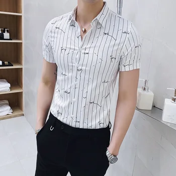 

Men's Social Striped Shirts Slim Fit All Match Streetwear Blouse Homme 3XL Man Work Shirt Men Summer 2020 New Short Sleeve