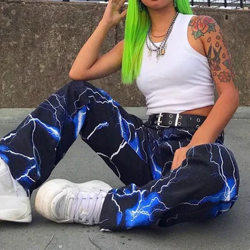 

Harajuku Hip Hop Capri Pants Women Baggy High Waist Trousers Ladies Lightning Printed Casual Sweatpants Streetwear