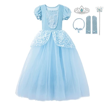 

Little Girls Princess Dress up Clothing Puff Sleeve Lace Tulle Princess Dressess For Kids Birthday Party Costume