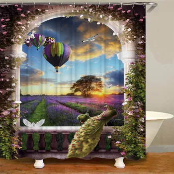 

Sea view digital waterproof ancient arch terminal landscape shower curtain bathroom decoration fabric for bathtub decoration