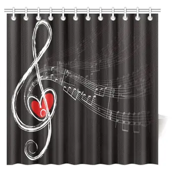 

Music Decor Shower Curtain, Abstract Music Note with Love Themed Art Modern Bathroom Set with Hooks, Extra Long