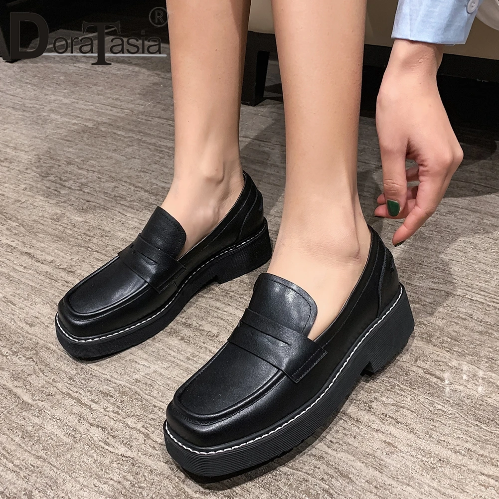 

DORATASIA Brand Lady Sewing Flats Spring Slip On Genuine Leather Flats Women Platform Chunky Heel Square Toe Shoes Woman