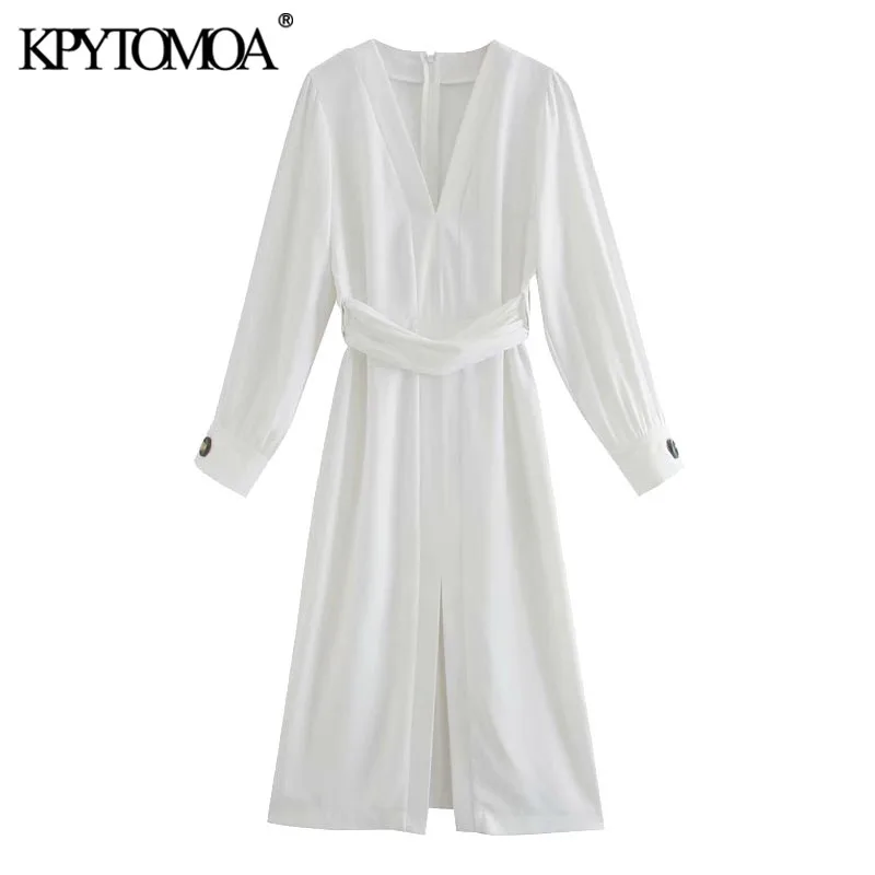 KPYTOMOA Women 2020 Chic Fashion With Belt Front Vent Midi Dress Vintage V Neck Long Sleeve Female Dresses Vestidos Mujer KPYTOMOA Women 2020 Chic Fashion With Belt Front Vent Midi Dress Vintage V Neck Long Sleeve Female Dresses Vestidos Mujer