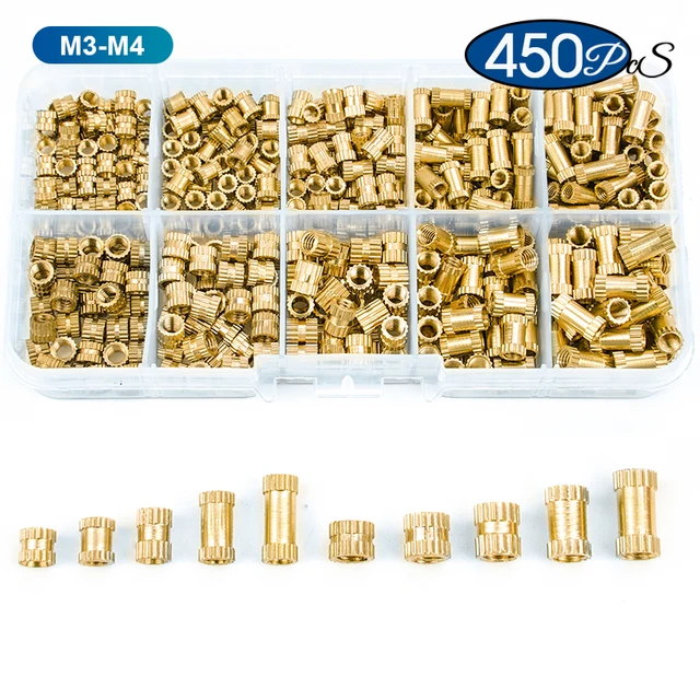 NINDEJIN 450/500pcs Brass Insert Nuts Set Female Thread Brass Molding Insert Knurled Nuts Assortment Double twill Embedded Nuts M3 M4 450pcs