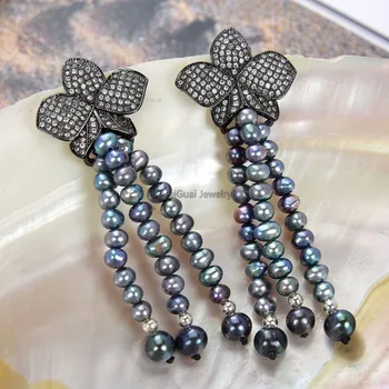

GuaiGuai Jewelry 2.5'' Black Pearl CZ Earrings-925 Sliver Hook