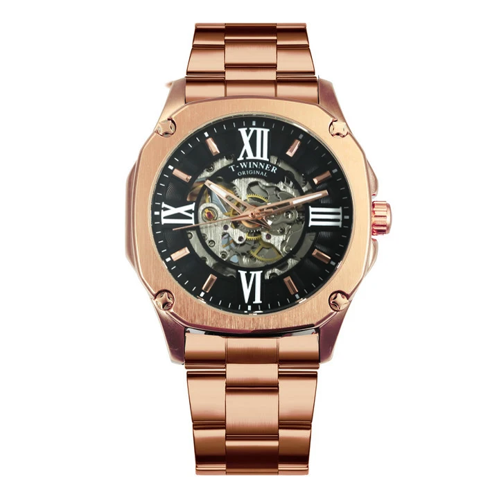 Победитель официальный моды автоматические часы для мужчин Скелет Механические мужские s часы лучший бренд класса люкс нержавеющая сталь квадратные наручные часы - Цвет: RG BLACK