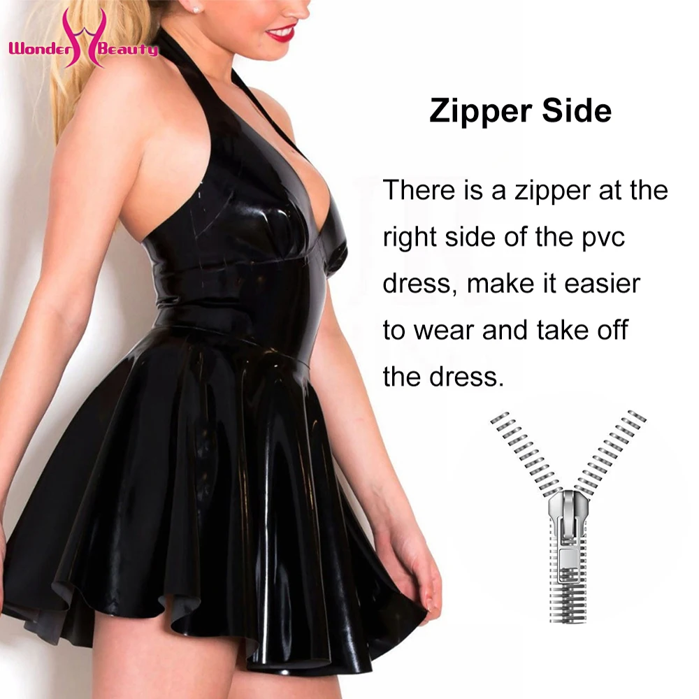Women Halter A-line Wetlook PVC Dress Latex Leather Sleeveless V Neck Backless Skater Mini Dress Clubwear Vestidos (2)
