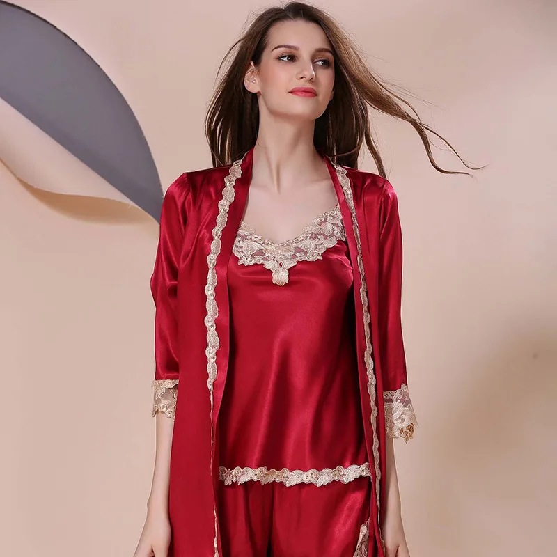 

Sexy Home 3 Piece Set Summer Seven-point Sleeve Lace Stitching Large Size Nightwear Elastic Split Shorts Chemise de nuit femme