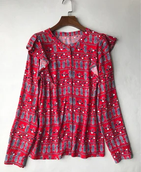 

Women Shirt Autumn Sweet Pineapple Print Shoulder Ruffled Open Long-sleeved Shirt Women Blouse Womens Tops Viscose Blouses