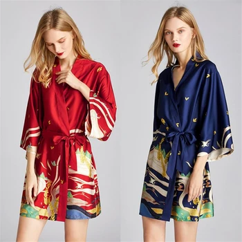 

Bathrobe spring and summer pajamas woman made silk nightgown mural pattern home service casual loose fashion bath robe women