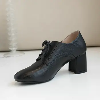 

5.5cm Heels Pumps for Women Genuine Leather Shoes Lace-up Round Toe Black Casual Pumps Szie 41 42 43
