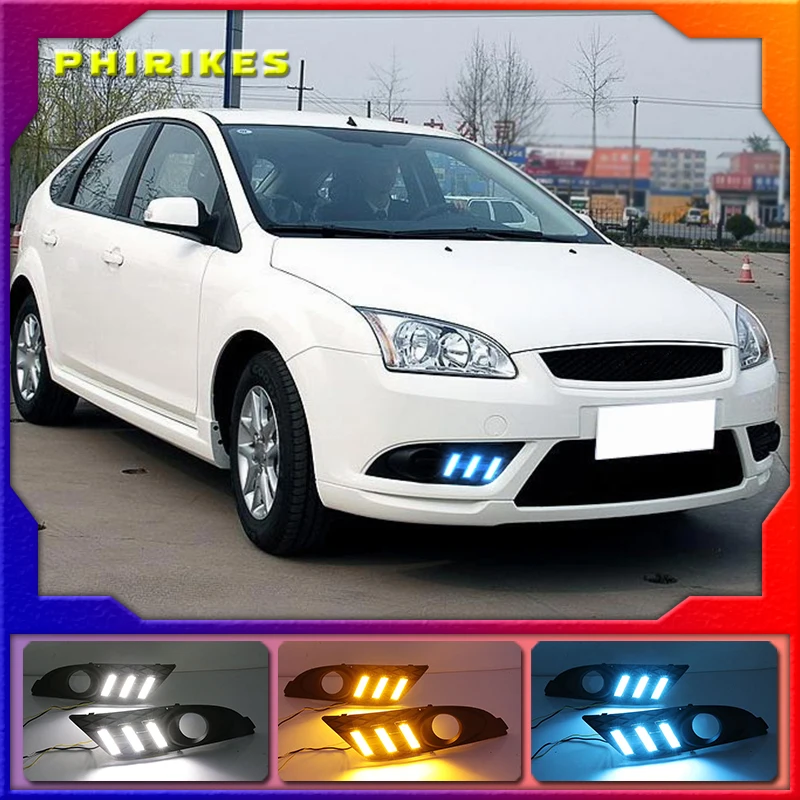 

1Pair DRL For Ford Focus 2007 Sedan Daytime Running Lights LED Fog head Lamp cover Daylight with Yellow turn signal
