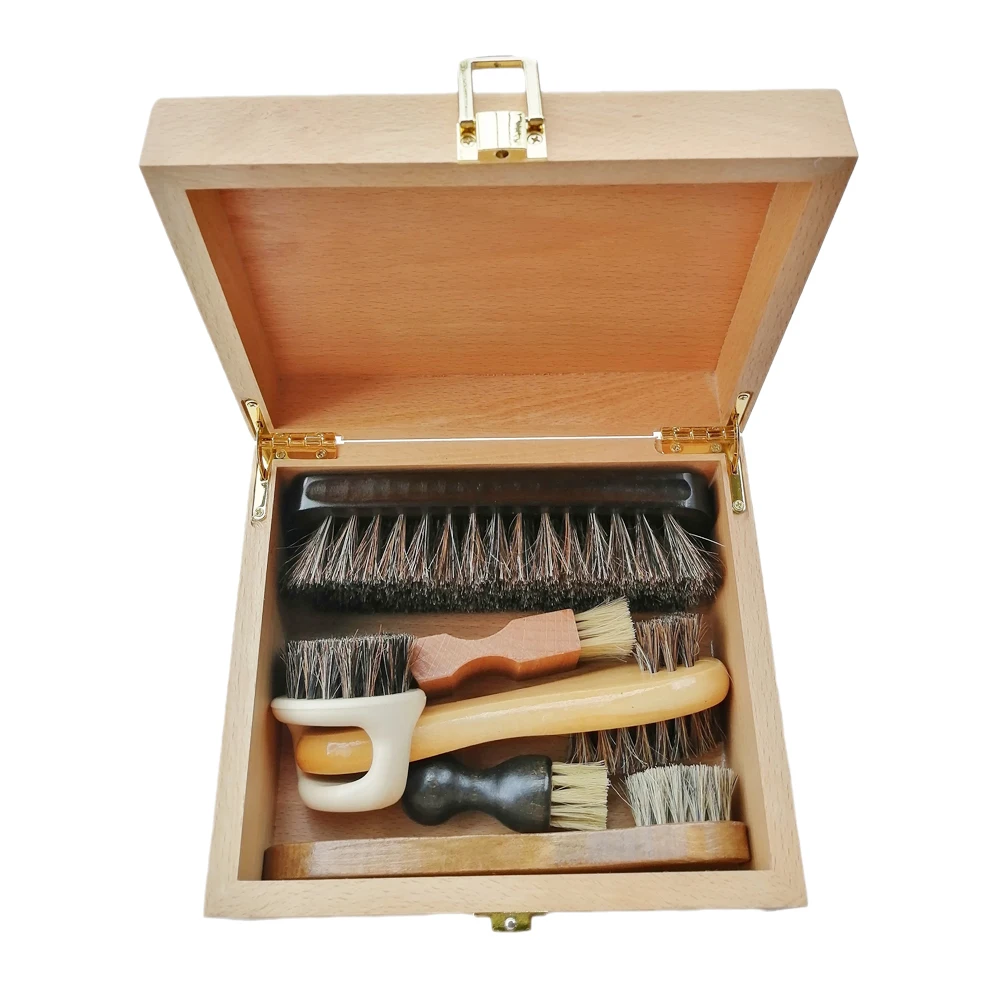 Handmade Strong and Durable Shoe Brush Storage Box, Natural Wood, Clamshell Cleaning Tool, Toolkit 4