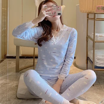 

2020 new Women Casual Underwear Pajamas Tops+Pants Long Sleeve V-neck Solid Color Slim Sleepwear Suit Home pyjama femme hiver