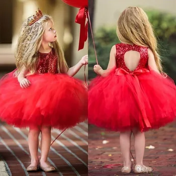 

girls pageant dresses Tulle Red Sequined Jewel Neck Backless Knee Length Ball Gown New Arrival Bow Back Birthday Party Dresses