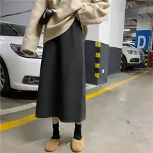 Новинка, кашемировая длинная прямая шерстяная вязаная юбка, Женская длинная юбка с высокой талией, однотонная Свободная юбка