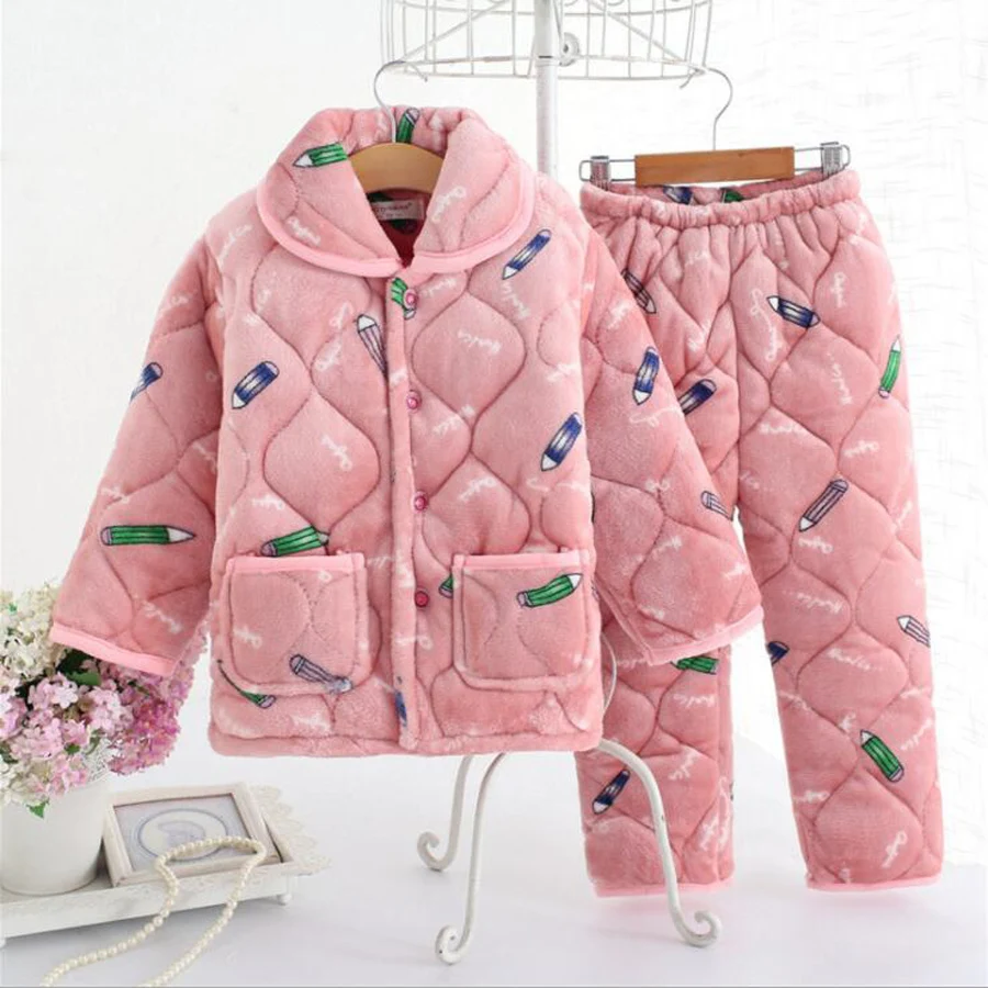 

2-12 years Children thick flannel Pajamas set winter Kids girls boys home clothing jacket + Pants sleepwear girls pajama set