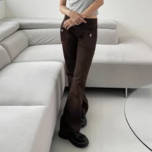 Pockets Patchwork Grunge Flare Jeans Y2K Low Waist Brown Fairycore Denim Trousers Ladies Aesthetic Retro Mom Jeans 2021