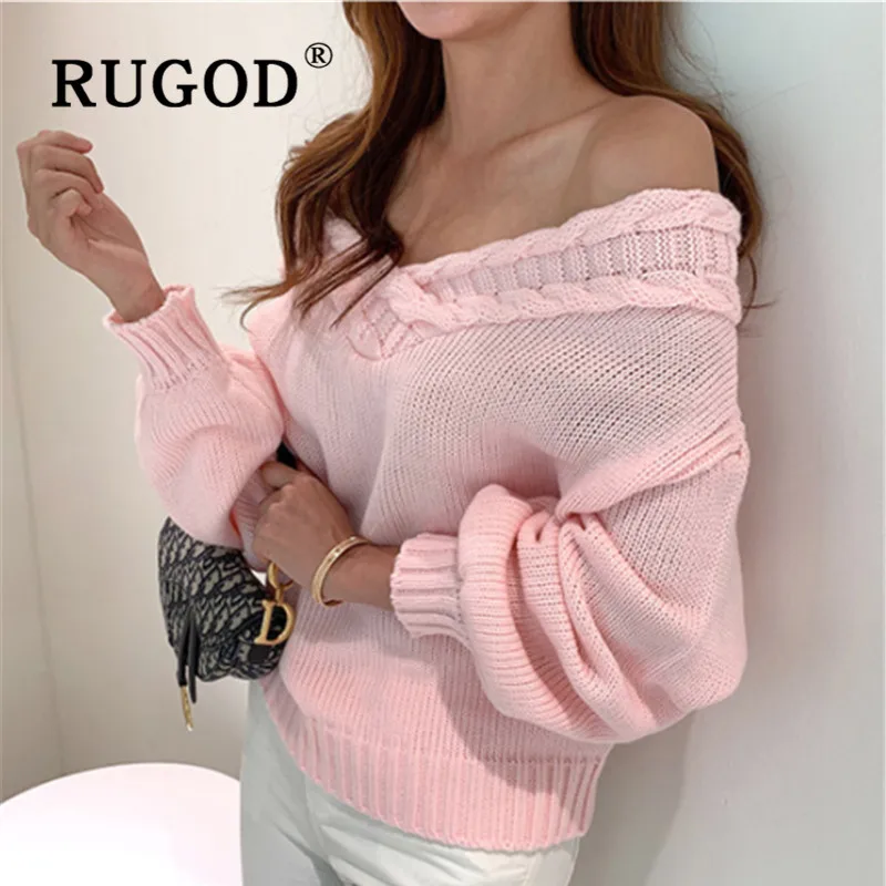 RUGOD, корейский стиль, с вырезом лодочкой, длинный рукав, однотонный, розовый, вязаный свитер, свободный, Повседневный, для девушек, с открытыми плечами, Повседневный, для девушек,, джемпер