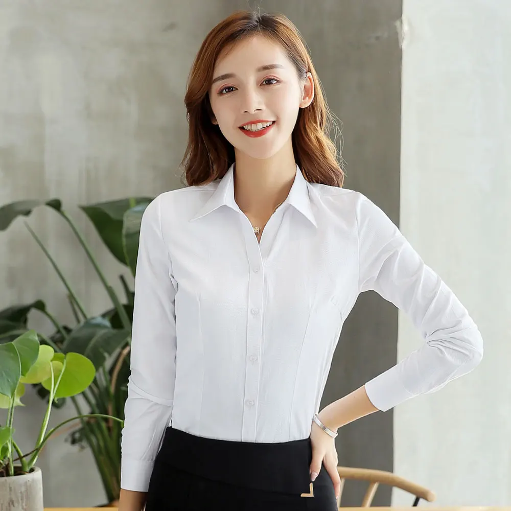 

Hot Long sleeve women shirts Striped Office Lady ladies tops plus size 5XL white blouse V-Neck Solid color shirt